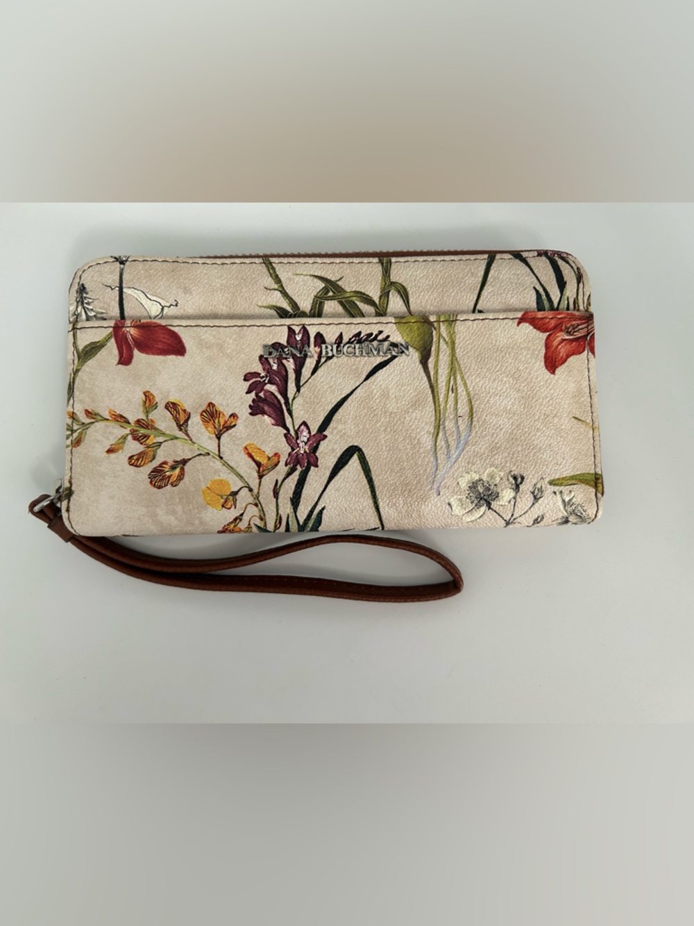 Dana Buchman Floral Cream Wristlet with Brown Strap